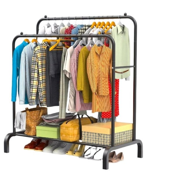 "Heavy-duty double rail clothes rack with bottom shelf in black steel for home and retail use"


