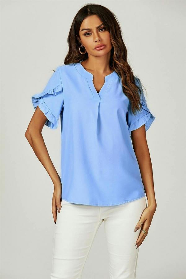 FS Collection Frill Trim Detail Short Sleeve Blouse Top In Light Blue
