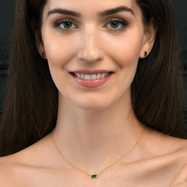 namana Dainty Gold plated Green Baguette Stud Earrings in 925 Sterling Silver For Women