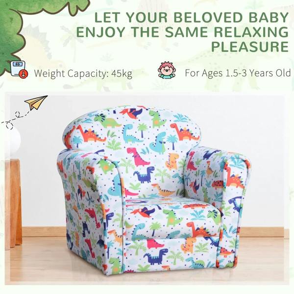 Kids flannel chair with colorful dinosaur print, rounded tub shape, padded seat and back