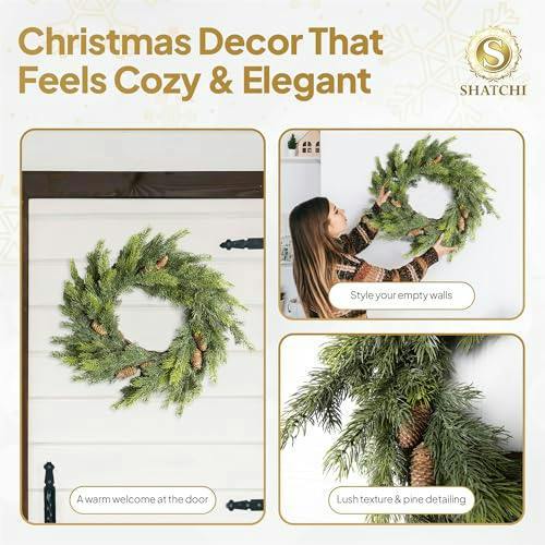 80cm Green Fir Artificial Christmas Wreath with Pine Cones, Realistic PE Finish for Indoor or Sheltered Outdoor Display image 8