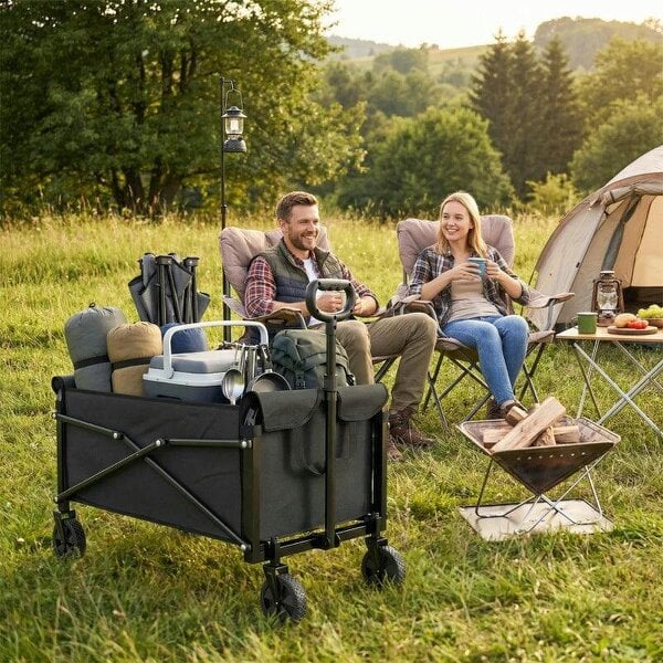 Bobobiy 81L Festival Trolley on Wheels, Compact Garden Folding Trolley Cart with Adjustable Handle 80L Black