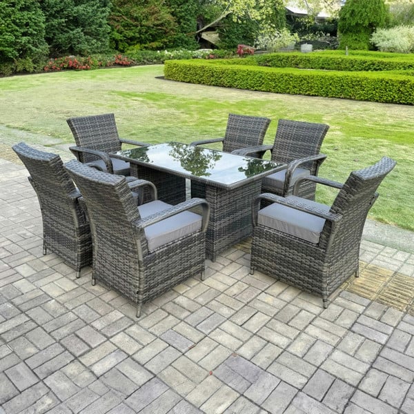 Fimous Outdoor Rattan Dining Set | 6 Wicker Chairs & Rectangular Black Glass Table