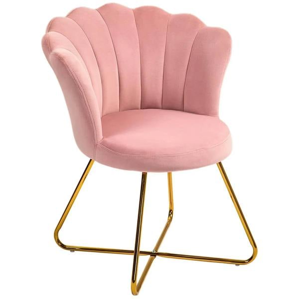Pink velvet-look accent chair with petal-shaped back and cushioned seat, gold metal legs