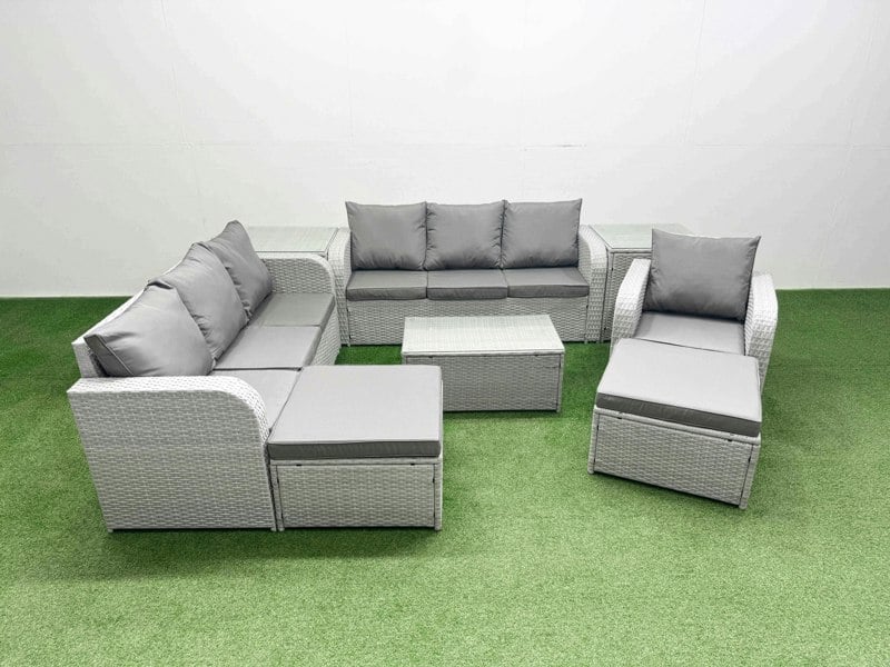 Fimous 9 Seater Light Grey Poly Rattan Outdoor Sofa Set - 3-Seater Sofa, Reclining Chair, 2 Big Footstools & 2 Side Tables