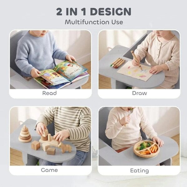Kids Table and Chair Set, Children Desk and Chair with Storage Bins for Playing, Reading, Painting, for Ages 3-5, Grey