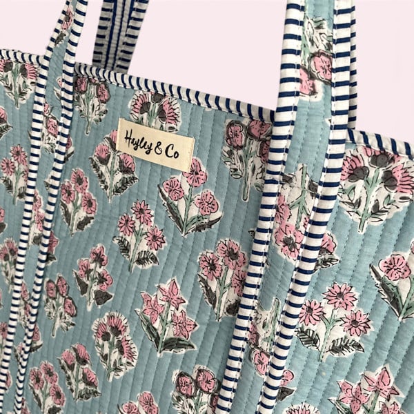 Hayley & Co Blue and Pink Ditsy Floral Quilted Cotton Tote Bag