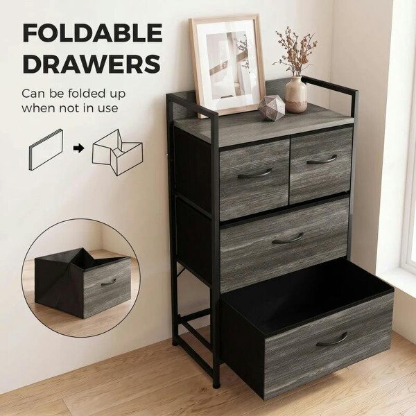 Rustic Chest of Four Fabric Drawers - Grey Wood Effect