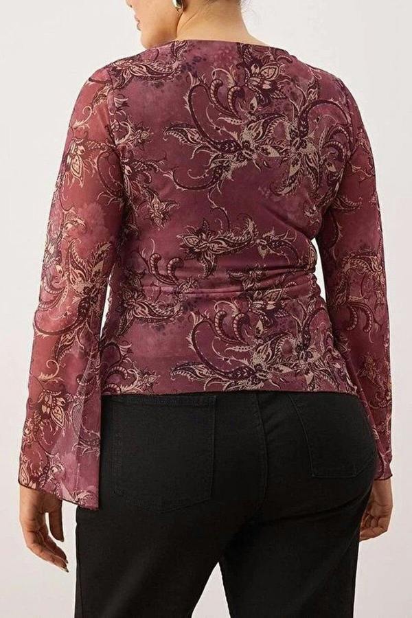 WOVCOR Shawl Pattern Boat Neck Asymmetrical Fitted Plus Size Blouse