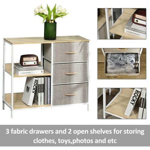 Wyld Haus Pasaha White Metal and Natural Wood Storage Chest With 3  Grey Fabric Drawers and 2 Shelvess