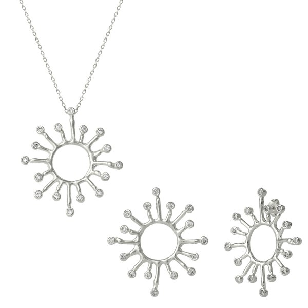 Spero London Sun Sunburst Large Textured Molten Sterling Silver Earrings and Necklace Set