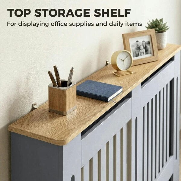 Bobobiy Slatted Radiator Cover, Painted Cabinet with Line Grill Design, 152W × 19D × 81H cm, Grey