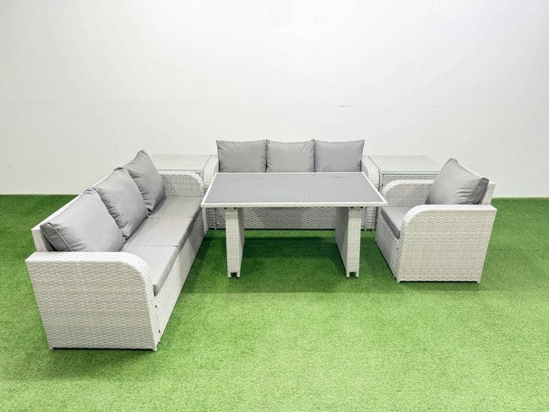 Fimous Rattan Garden Furniture Dining Set 7 seater Patio Rectangular Table Sofa Set with 2 Side Tables Light Grey