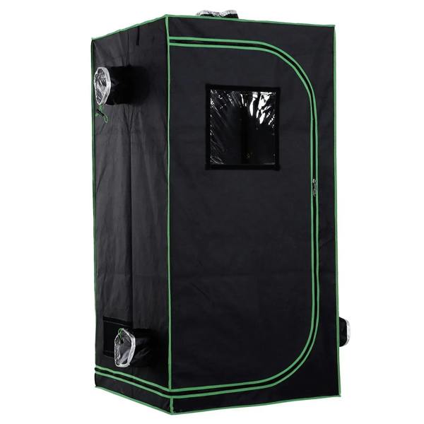 Black grow tent with reflective interior and green-lined viewing window, side vents