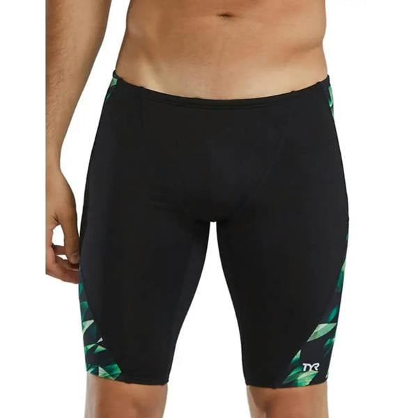 Green TYR Triadic Durafast Elite swim jammer with black leaf pattern