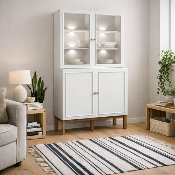 Wyld Haus Niva Light Grey and Natural Oak Effect Display Cabinet with LED Lighting 4 Doors
