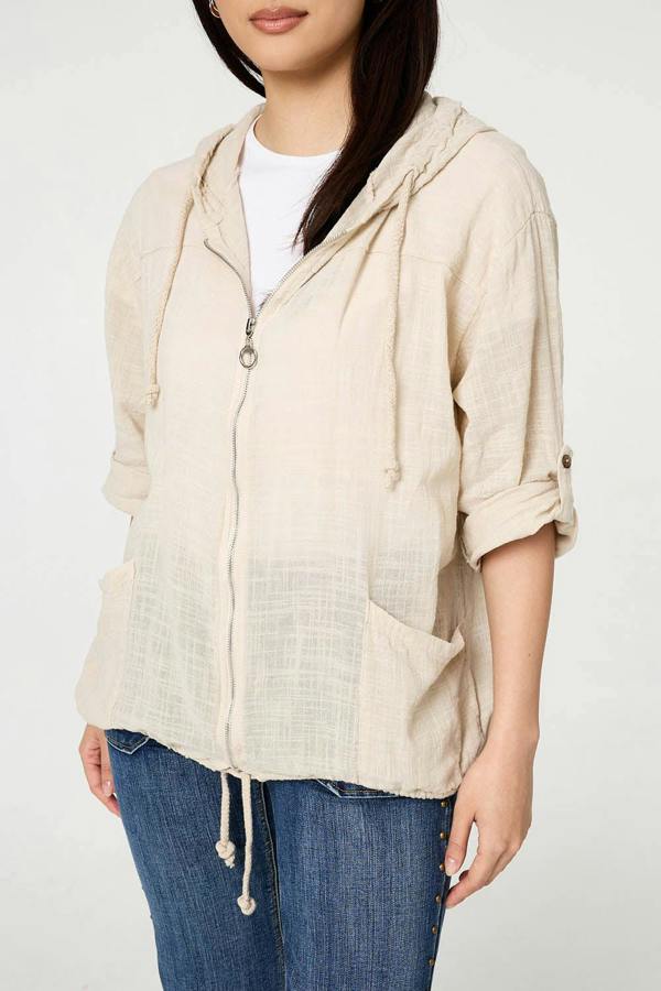 Linen | 3/4 Sleeve Hooded Zip Front Jacket