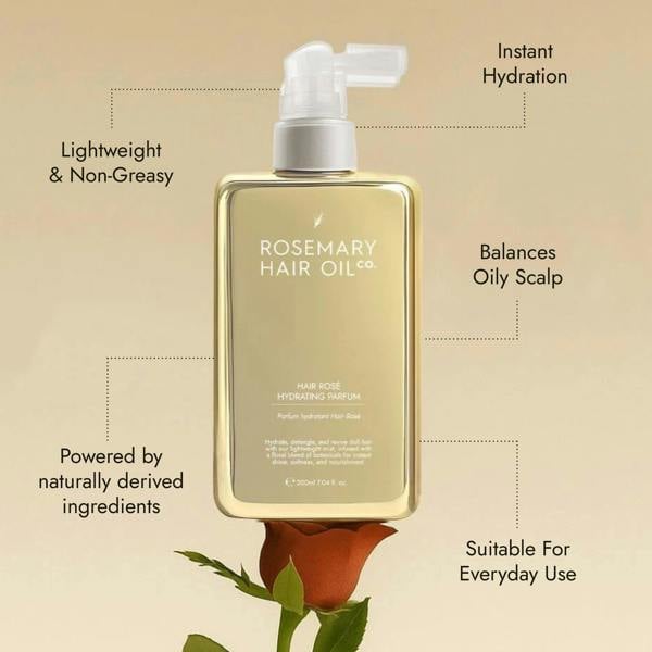 Hair Rosé Hydrating Parfum Mist. Rosemary hair oil, hair rose, hydrating parfum, fragrance, rosewater, jojoba oil, nourishing, natural, protect, healthy hair, growth, hair growth, 200ml, benefits
