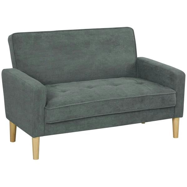 Two-seater velvet-feel sofa in grey, padded arms, boxy back cushion, wooden legs