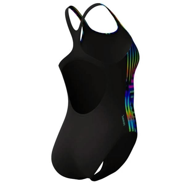 Black Speedo digital placement medalist swimsuit with rainbow stripes