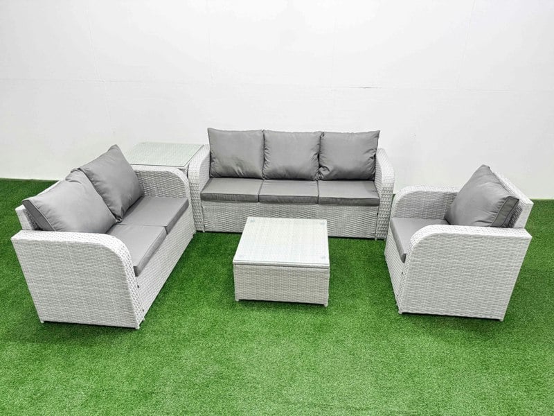 Fimous 6 Seater Outdoor Rattan Furniture Sofa Set with Square Coffee Table Reclining Chair Loveseat Sofa 3 Seater Sofa Side Table Light Grey
