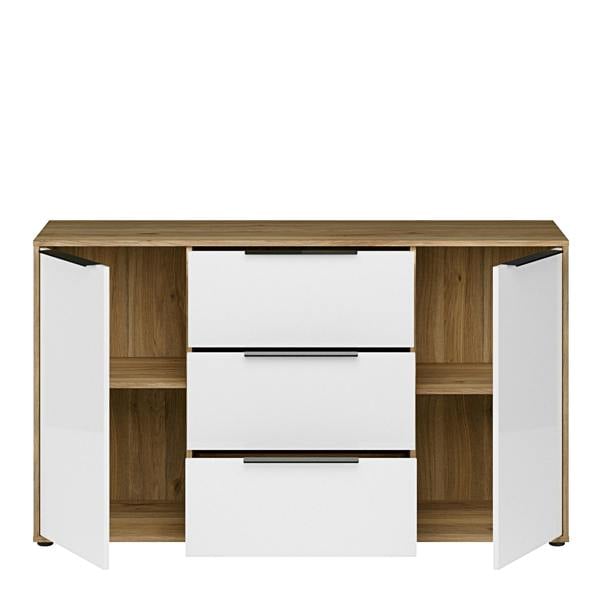 Furniture To Go Orkney 3 Drawer Sideboard with 2 Doors in Mauvella Oak and White Gloss