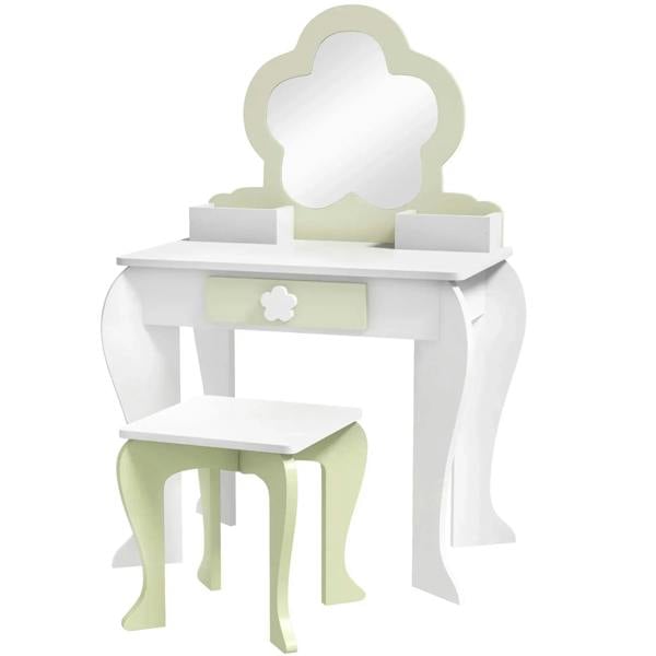 Kids vanity table set with cloud-shaped mirror, white tabletop, and matching green stool