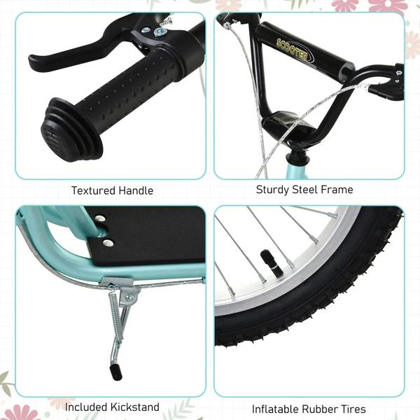 Kids blue kick scooter details: textured handle, sturdy steel frame, kickstand, rubber tires