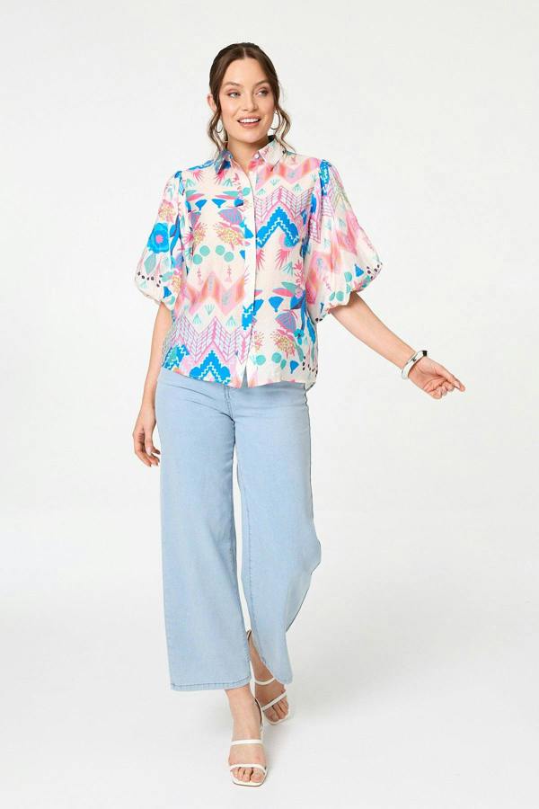 Blue | Abstract 1/2 Puff Sleeve Buttoned Shirt