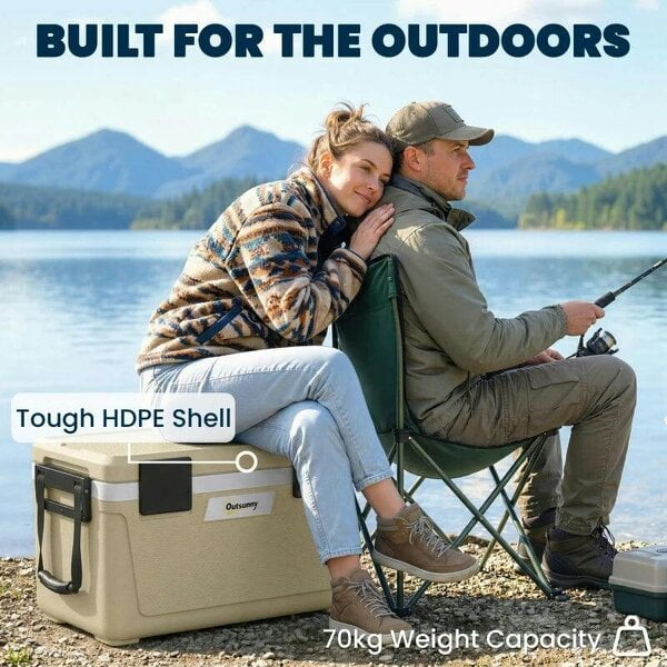 Bobobiy 42.6L Insulated Cool Box, Lightweight Portable Ice Cooler with Handle, Lid and Drain Valve, Khaki