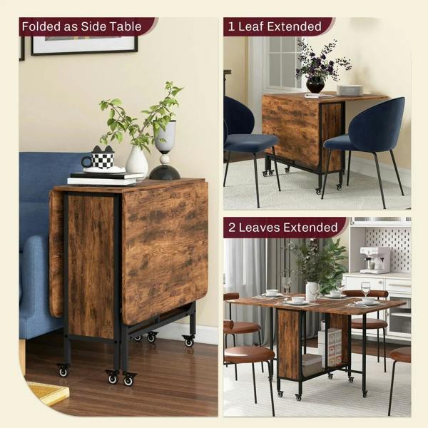 Rustic brown drop-leaf dining table on casters, shown folded and leaf-extended