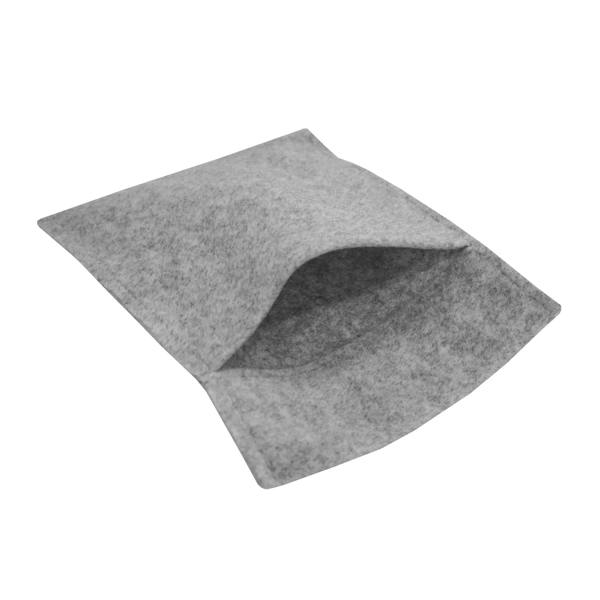 Silver grey storage pouch made of soft felt, featuring a minimalist design with a wide opening for easy access and organization