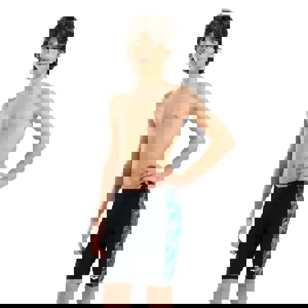 Arena Boys Draft Swim Jammer in black with blue green side pattern and logo