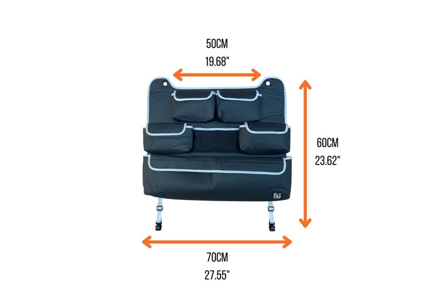 An info graphic depicting the sizes of the OLPRO Rear Double Seat Storage Organiser.