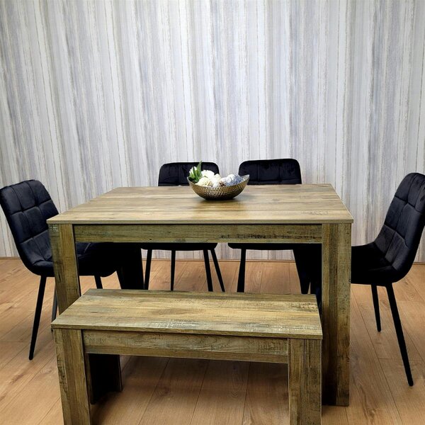Kosy Koala Modern Rustic Effect Dining Table Set with 4 Black Velvet Chairs and Bench - Kitchen Dining Furniture