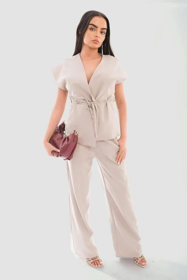 Vera Belted Sleeveless Vest Top And Trouser Co-ord Set - Beige