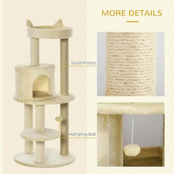 Cream cat scratching post tree with hanging ball and sisal-wrapped scratching column