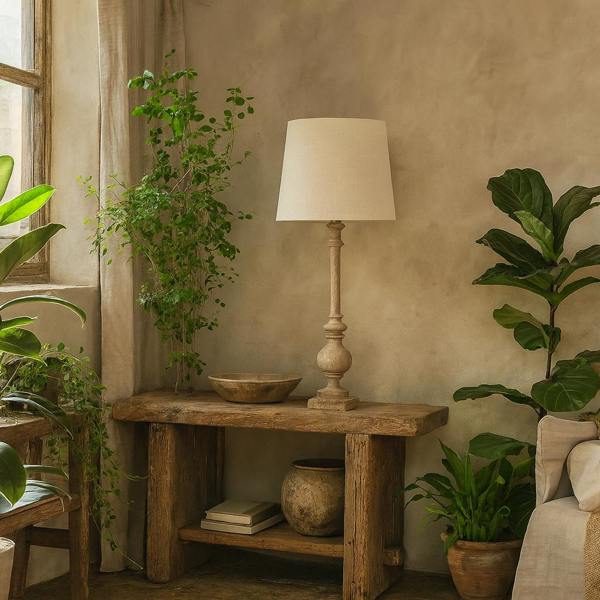 Wyld Haus Thornvale Candlestick Wooden Table Lamp With Linen Shade