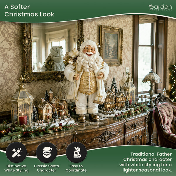 Standing Father Christmas Figure with Sack of Presents, White Santa Style Decoration, Free Standing Festive Ornament, 60cm Tall