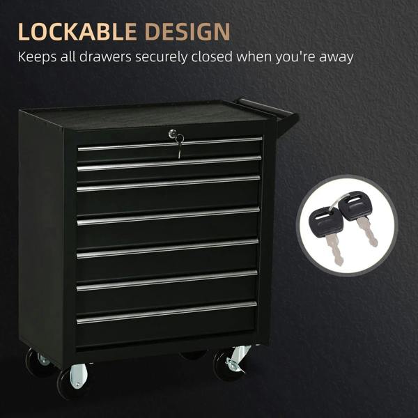 Matte black 7-drawer tool cabinet with key lock design and caster wheels