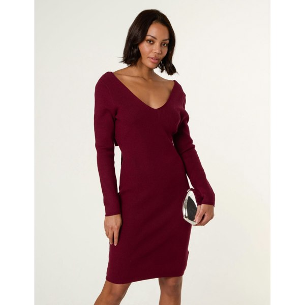 Blue Vanilla V Neck Bow Back Detailed Knitted Dress