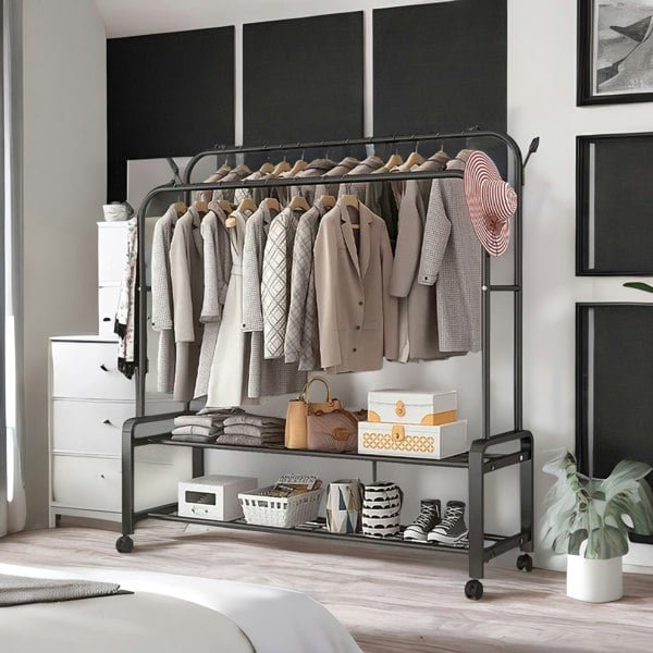 Rafaelo Mobilia Heavy Duty Metal Clothes Rail Open Wardrobe With 2 Storage Shelves Black