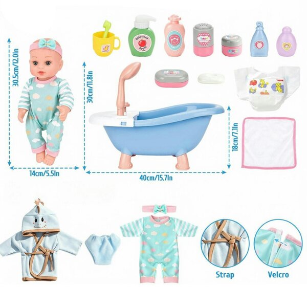 deAO Toys deAO 12” Baby Doll Bath Playset with Working Bathtub, 2 Outfits & Accessories Pretend Bath‑Time Role‑Play Toy for Kids Ages 3+, Blue