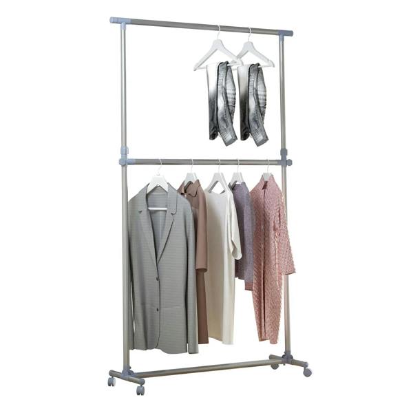 Grey rolling garment rack with hangers and caster wheels, top rail and lower bar