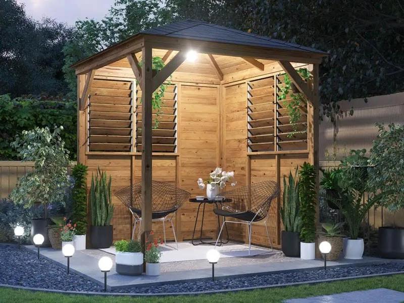 Dunster House Wooden Gazebo Louvre Wall 2m x 2m Garden Shelter Roof Shingles Utopia 200