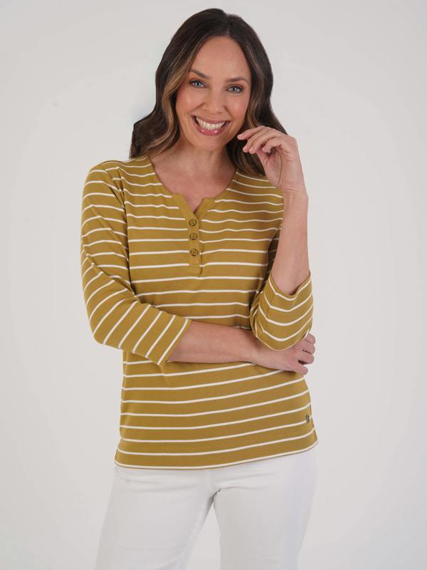 PennyPlain Notch Neck Stripe Top - Apple/ivory