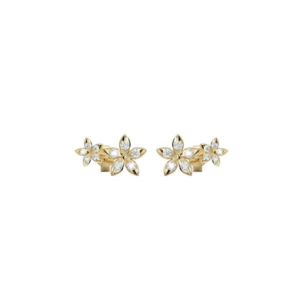 Bloomtine-mini-eternal-bloom-studs-earrings. A professional-close-up-shot of 18kt-gold-vermeil-flower-studs featuring a highly-polished botanical-blossom-design. These dainty-floral-earrings are crafted-from-925-sterling-silver-base-metal for a luxury-finish. This elegant-pair of gold-flower-studs is the perfect-jewellery-gift-idea-for-her, shown-on-a-clean-white-background to highlight the intricate-craftsmanship and small-scale-detailing of the Bloomtine-collection