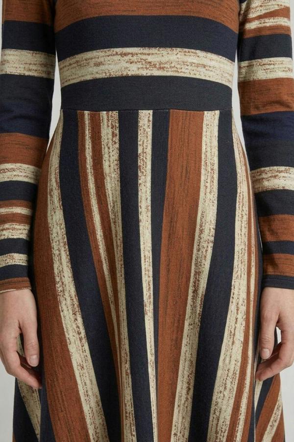 Brown | Striped Long Sleeve A-Line Midi Dress