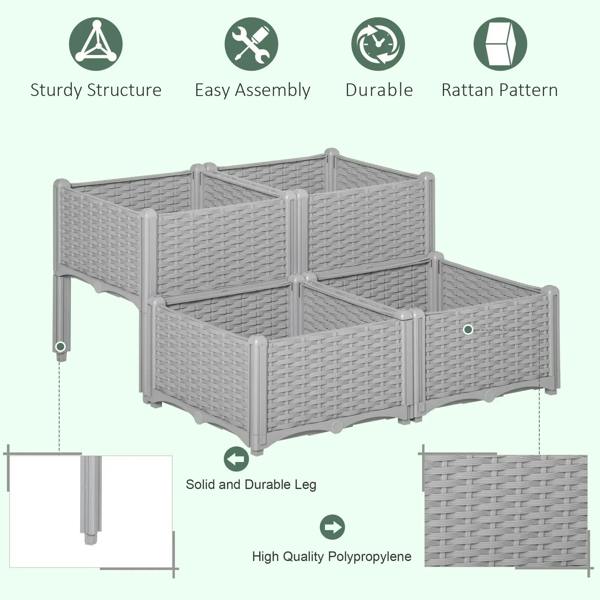 Grey raised garden planter set with woven pattern, sturdy legs, and open top compartments