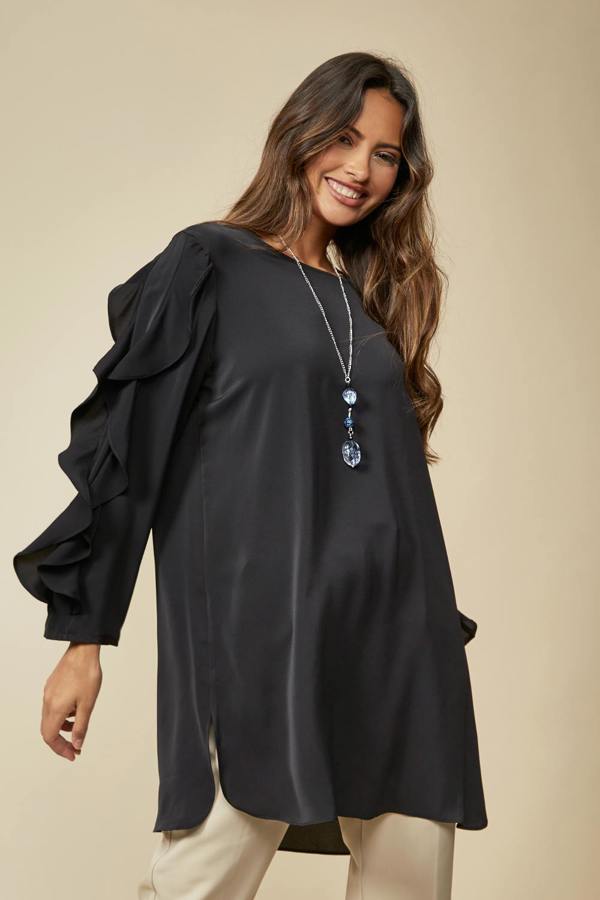 Hoxton Gal Oversized Ruffle Sleeve Relaxed Fit Tunic in Black